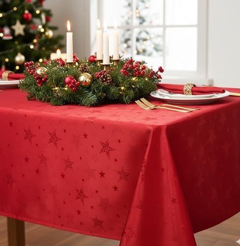 KAMACA Lotus Effekt Tischdecke Magic Stars mit Sternen Motiv - Fleckschutz Flüssigkeiten perlen einfach ab farb- & formstabil stilvoller Glanz für Advent & Weihnachten (Tischdecke 150x250 cm, Rot)