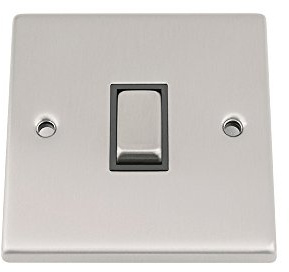 Light Switch 1 Gang - Satin Chrome - Square - Black Insert - Metal Rocker Switch - 1 Gang 2 Way 10 Amp