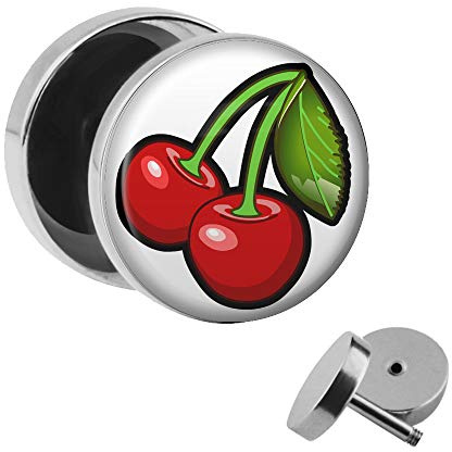 Treuheld | Ohrstecker zum Schrauben - Kirschen - Rot grün - Motiv Fake-Plug Ø 10mm Silber - Edel-Stahl Ohr-Ringe - Chirurgen-Stahl 316L Fake-Tunnel - Gewinde Cherry Ohr-Stecker