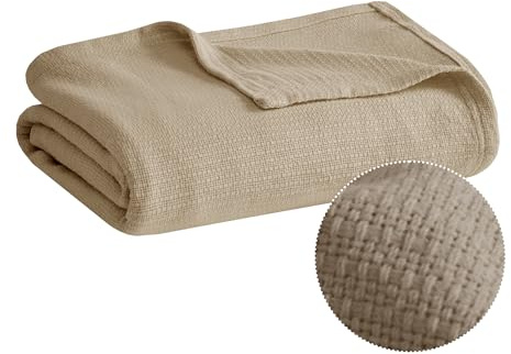 Madison Park Freshspun Basketweave Luxury Cotton Blanket Khaki 108x90 King Size Basketweave Premium Soft Cozy 100% Cotton For Bed, Couch or Sofa