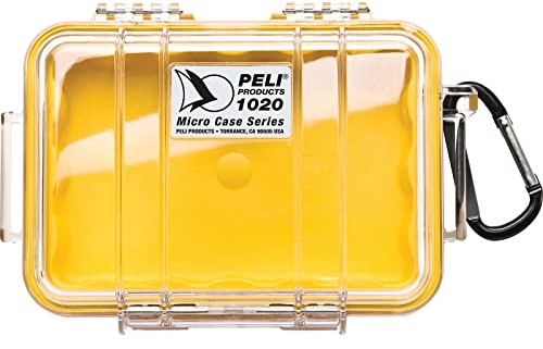 PELI 1020 mikrolåda, vattentätt skydd för känsliga enheter, IP67-klassad, 0,5 liters kapacitet, tillverkad i USA, genomskinlig/gult foder