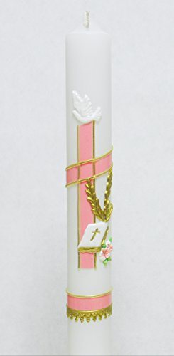 Taufkerze Kommunionkerze K-11-Gold/Rosa inkl. Tropfschutz und Beschriftung KW-JO-K11