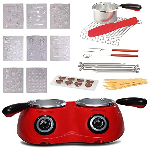 Total Chef Hot Chocolate Maker 2 Cooking Melting Pots with 17.6oz 500g Fondue Sets DIY Candy Deeping Set with 100+ Tools Kit Electric Chocolatier Machine Candy Cheese Melter Birthday Kids Party Red