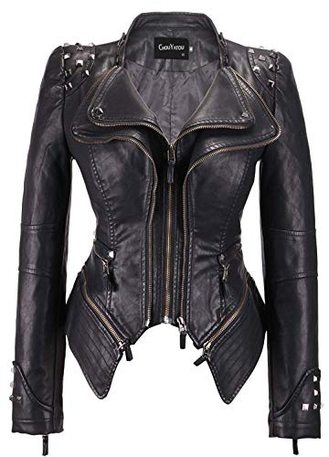 chouyatou Women's Fashion Studded Perfectly Shaping Faux Leather Biker Jacket (Medium, Black)