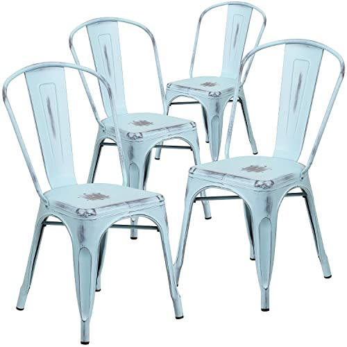 Flash Furniture Blake Stapelstuhl aus Metall, für drinnen und draußen, 4 Stück, Used-Look, Grün/Blau | Für den Innen- und Außenbereich geeignet