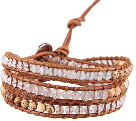 KELITCH Strang Armbänder Zum Frau Männer Klar Achat Und Picture-Jasper Perle 3 Wickeln Leder Armband