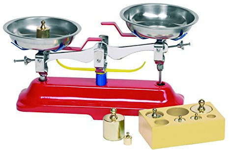 Goki 51891 - Metallwaage mit Gewichten - 26 cm, 7 Gewichte, robust und langlebig, pädagogisch wertvoll