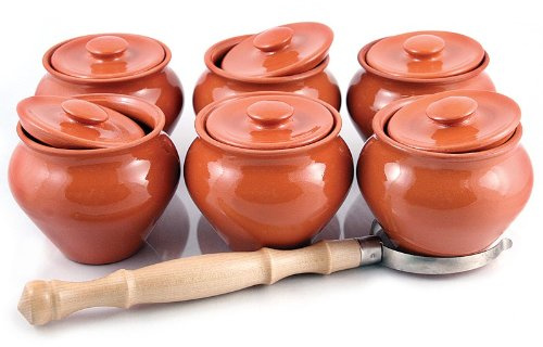 Auflaufförmchen aus Steinzeug mit Deckel (6er Set) & 1 Ofengabel - 500 ml - Tontöpfe zum Kochen, Dutch Oven Topf mit Deckel, Kochtopf, Steingut-Topf, Suppentopf mit Deckel, Steingut Reistöpfe Kleine