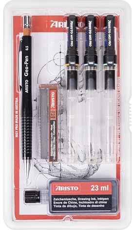 Aristo AH64308 mg1 Pro Tuschefüller College Set 6-teilig (3 Tuschefüller mg1 Pro, Strichstärken 0,25/0,35/0,5 mm, Geo-Pen Feinminenstift 0,5 mm mit 12 Ersatzminen, Zeichentusche schwarz)