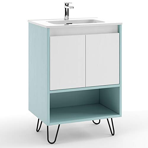 Meuble de Salle de Bain 60 cm + Vasque céramique | Manhattan | L 60 x H 86,8 x P 45 cm Aqua Bleu Blanc + Pieds Hairpin
