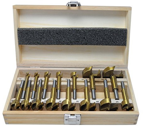 Set di 15 punte Forstner, per legno, 10 – 50 mm, titanio rivestito in TiN (Nitruro di Titanio)