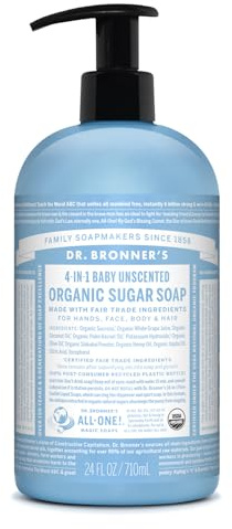 Dr Bronner’s 4-in-1 Organic Unscented Baby Sugar Soap, Made with Organic Oils and Sugar, For Hands, Body, Face & Hair, Fair Trade Certified & Vegan Friendly, 710ml Recycled Pump Bottle