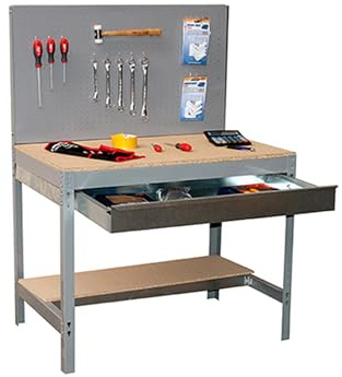 SimonRack Werkbank 400 kg Belastbarkeit, 144,5x91x61 cm, 1 Schublade, Große Arbeitsfläche Arbeitsfläche, Arbeitstisch, Holz-Arbeitsplatte, Grau/Holz - BT2 | Lochwand und Schublade, Holzplatte 16 mm, Tragfähigkeit 400 kg, Korrosionsschutzlackierung, Klicksystem-Montage, Grau