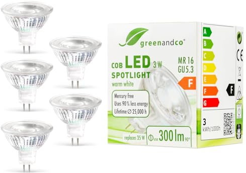 greenandco 5x MR16 GU5.3 | ersetzt 35W | warmweiß 2700K | 3W 300 lm | 38° | flimmerfrei | COB LED Spot | 12V AC/DC | nicht dimmbar