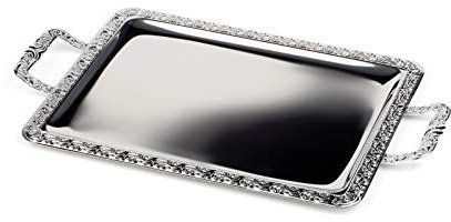 APS Tablett SCHÖNER Essen - Edelstahl Tablett mit Dekorrand, Griffe Zinkdruckguss verchromt, genietet, 60 x 36 cm, rechteckig