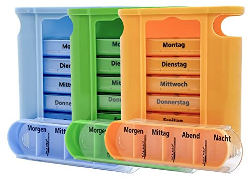 TIGA-MED Medikamentendosierer 3er Set (=3 Stück - jede Farbe 1x) | 7 Tagesfächer | jeder Tag 4fach unterteilt | Pillenbox für die ganze Woche | Tablettenbox Pillendose