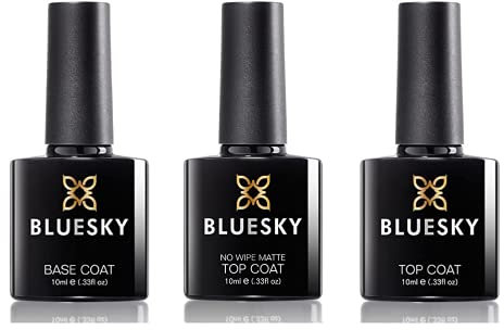 Bluesky Gel Nail Polish Set, Base Coat, No Wipe Matte Top Coat, Top Coat, 3 x 10ml (Requires curing under UV or LED Lamp)