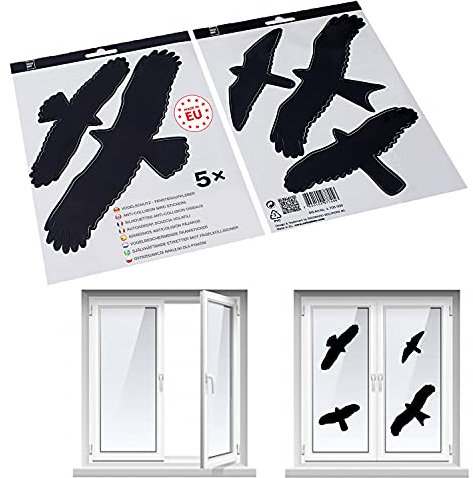 SWISSINNO Autocollants Anti-Collision Oiseaux – Lot de 5 Silhouettes – Protection Vitres Transparente – Prévention des Chocs sur Fenêtres et Baies Vitrées – Résistant UV