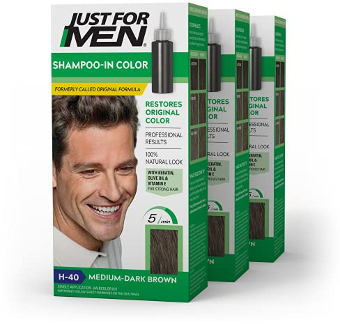 Just For Men Shampoo In Color, Hair Color for Men with Keratin and Vitamin E for Stronger Hair, Restores Natural Hair Color, Medium-Dark Brown, H-40, Pack of 3