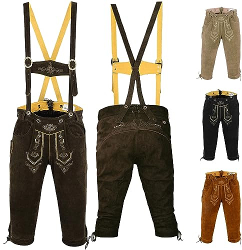 German Wear Trachtenlederhose Herren aus Nappaleder-Wildleder mit Hosenträgern – Original Trachten Kniebundhose, Kniebundlederhose für Volksfest & Trachtenfest Dunkelbraun - 56