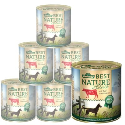 Dehner Best Nature hundmat, våt mat spannmålsfritt, för vuxna hundar, nötkött/ris/tistelolja, 6 x 800 g burk (4,8 kg)