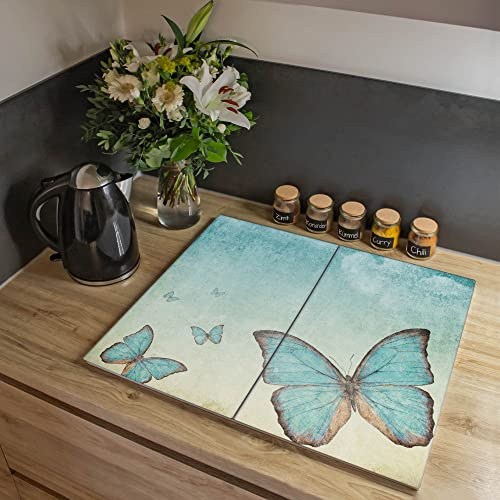 banjado Herdabdeckplatte Glas 2-teilig 60x52 cm, Kochfeld Abdeckung und Schneidebrett Ceranfeld aus gehärtetem Glas, pflegeleichter Spritzschutz Tiere allgemein mit Motiv Blaue Schmetterlinge