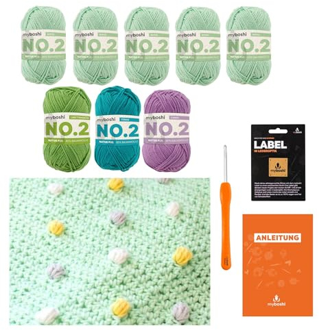 myboshi Häkelset Babydecke Pünktchen für Anfänger, inkl. No.2 Wolle, Nadel und Anleitung, für Babys und Amigurumi, Häkelpaket, 85% Baumwolle, 15% Kapok Grün, mit Häkelnadel