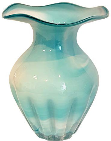 Oberstdorfer Glashütte Vase bauchig türkis weiß Glasvase bunt Blumenvase Mehrfarbig Blumengefäß verziert Tischdekoration Handarbeit Höhe ca. 19 cm