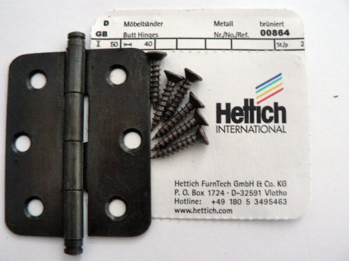 Hettich Möbelbänder mit Zierkopf, 50/40 mm, Metall brüniert, 2 Stück, Artikelnr. 864