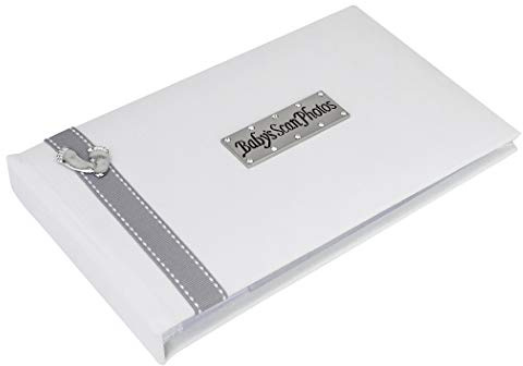 Baby's Scan Photo Album with Stitched Ribbon & Pewter Baby Feet Design - Grey Ribbon
