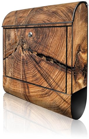 banjado Design Briefkasten 38,5x46,5x13cm & 2 Schlüssel - Briefkasten Stahl Schwarz mit Zeitungsfach pulverbeschichtet - Postkasten A4 Einwurf inkl. Montagematerial - Motiv Jahresringe