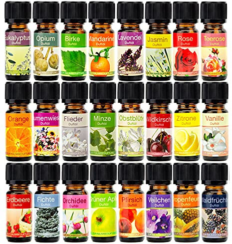 Duftöl 24er SET Duftoel, Oel mit den Dueften Wildkirsche, Fichte, Blumenwiese, Jasmin, Vanille, Rose, Orange, Minze, Opium, Obstblueten, Lavendel, Teerose, Veilchen, Flieder, Waldfruechte, Birke,Mandarine, Tropenfeuer, Pfirsich, Eukalyptus, Orchidee, Erdbeere, GrŸner Apfel, Zitrone, Raumduft, 24x 10 ml
