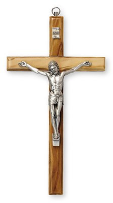 16cm High Olive Wood Wall Hanging Crucifix Cross with Silver Metal Corpus 10654