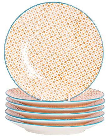 Nicola Spring Hand-Printed Side Plates - 18cm - Orange - Pack of 6 - Stoneware Decorative Patterned Dining Dish Plates for Snacks, Starters, Dinner, Dessert