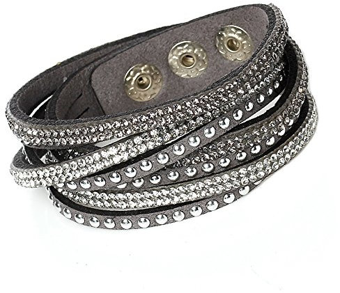Unique Gems Damen Strass Armband Wickelarmband Kristalle grau weiß edles Alcantara Nieten mit Druckknöpfen zum verstellen