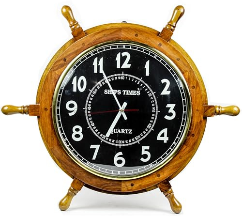 Nagina International Reloj de pared náutico hecho a mano con rueda de barco de madera con cuarzo Times, decoración del hogar de guardería pirata (18 pulgadas, esfera negra)