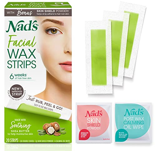 Nad's Facial Wax Strips - Facial Hair Removal For Women, Face Wax Strips, Includes 20 Waxing Strips + 4 Calming Oil Wipes, Hypoallergenic