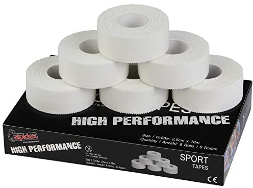 ALPIDEX 6 x Sport Tape Bianco 2,5 cm x 10 cm Nastro Adesivo Dita Sport Tape 100% Cotone Non Elastico Strappabile Sportivo