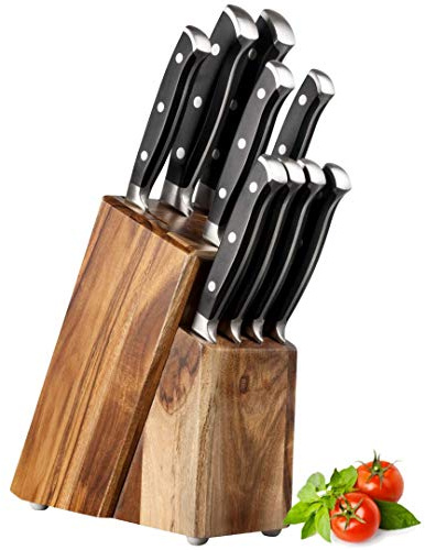 Taylor's Eye Witness Premier 9 Piece Kitchen Knife Wooden Block Set- Paring, All Purpose, Cook's, Santoku, Bread & 4 Steak Knives in Acacia Wood Holder. Full-Tang Triple Rivet. 15 Year Guarantee