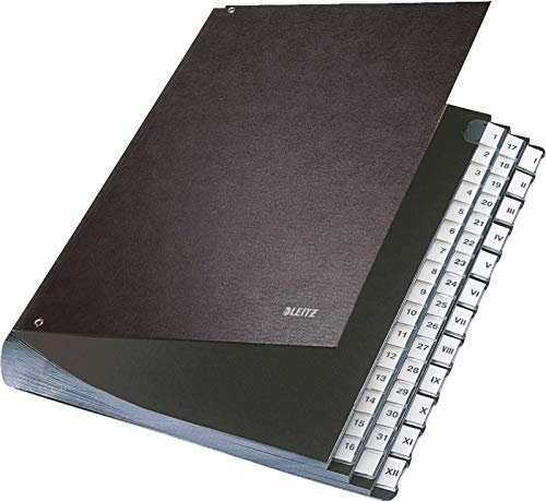 Leitz Pultordner, A4, 44 Fächer, 44 Plastik-Taben, 6 Sichtlöcher, Schwarze Hartpappe, Schwarz, 58440095