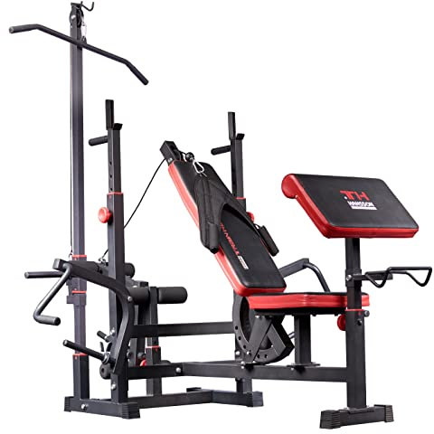 Train Hard Universal Hantelbank Kraftstation Fitnesscenter mit Latzug, Curlpult, Butterfly, Bein- und Bauchtrainer, in DE zertifizierte Qualität!