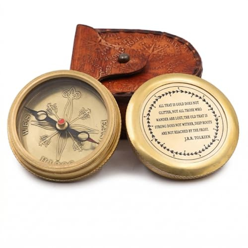 Solid Brass Gift Compass with Leather Case – Engraved Tolkien Quote “Not All Those Who Wander are Lost” – Vintage Gift for Travelers, Readers, Adventure Lovers, Graduation, Birthday, Retirement