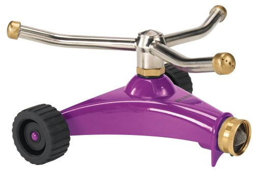 Dramm ColorStorm 3 Arm Whirling Sprinkler on 6 Wheeled Heavy Duty Metal Base, for Lawn, Yard, Garden and Large Area, Berry, 70 Ft Diameter Reach