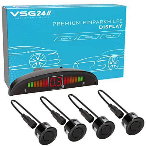 VSG24 Premium Einparkhilfe hinten mit Display zum nachrüsten am Auto, PDC Parksensoren hinten mit Stecksystem für einfachste Montage - 4 Rückfahrwarner Sensoren Parkhilfe Nachrüstsatz Schwarz