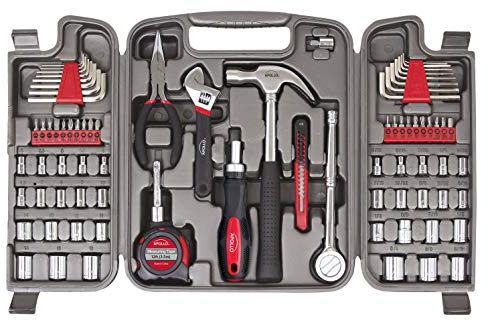 Apollo Tools 79 Piece Multi-Purpose SAE and Metric Tool Set with Sockets for the Garage, Home or on the Road. Includes Essential Tools for Vehicle Maintenance and Repairs - Red- DT9411