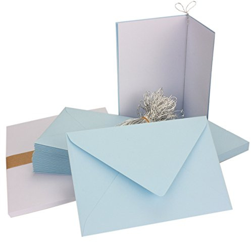 50x Falt-Karten Set in Hellblau inklusive Brief-Umschläge DIN B6 - Faltkarte B6 - Einlegeblatt und silbernem Schmuckband