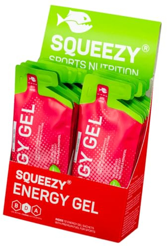 Squeezy Energy Gel Box Orange-Pfirsich (12x 33g) – Sport Gel für Ausdauer, schnelle & langanhaltende Energie – Laufen, Marathon, Radsport – Vegan, magenfreundlich, ohne künstliche Zusatzstoffe