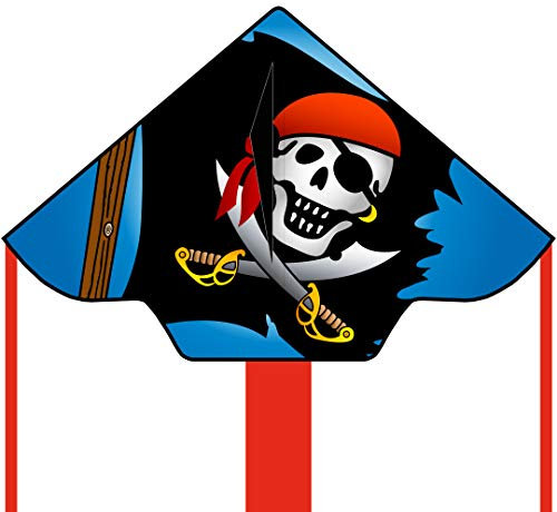 HQ Design Ecoline Simple Flyer 120 Kinderdrachen Flugdrachen Drachen zum steigen Lassen wenig Wind ab 5 Jahre 75x120cm+1.5m Drachenschwanz 17kp Polyesterschnur 25m auf Griff 2-5 Bft (Jolly Roger)