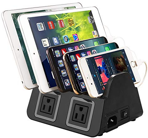 UDOLI 5 USB Ports Charging Station Organizer for Multiple Devices Fast Charging Desktop Stand for Apple Android Phone Tablet 1600W 2 AC Power Outlets Charger Dock for Home Office 3 Prong Cord Black