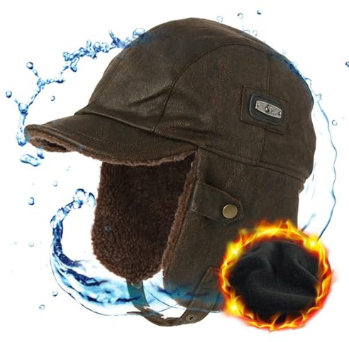 Comhats warme Trappermütze mit Kunstleder Hut Unisex Fliegermütze Fellmütze Erwachsenen für Männer Kaffeebraun